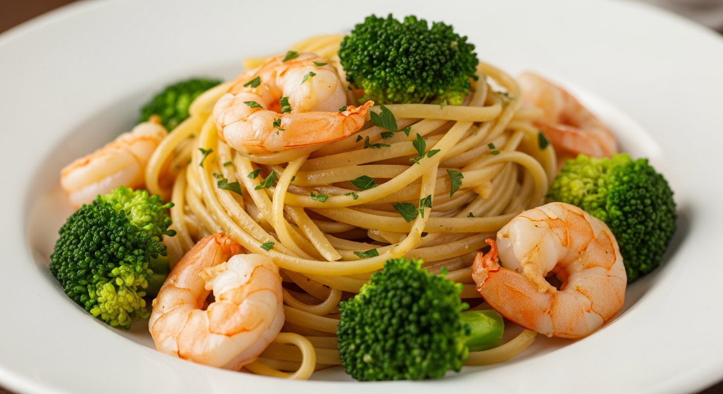 蒜蓉黄油虾仁西兰花意面