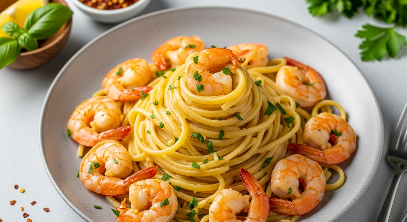 蒜香奶油虾仁意面