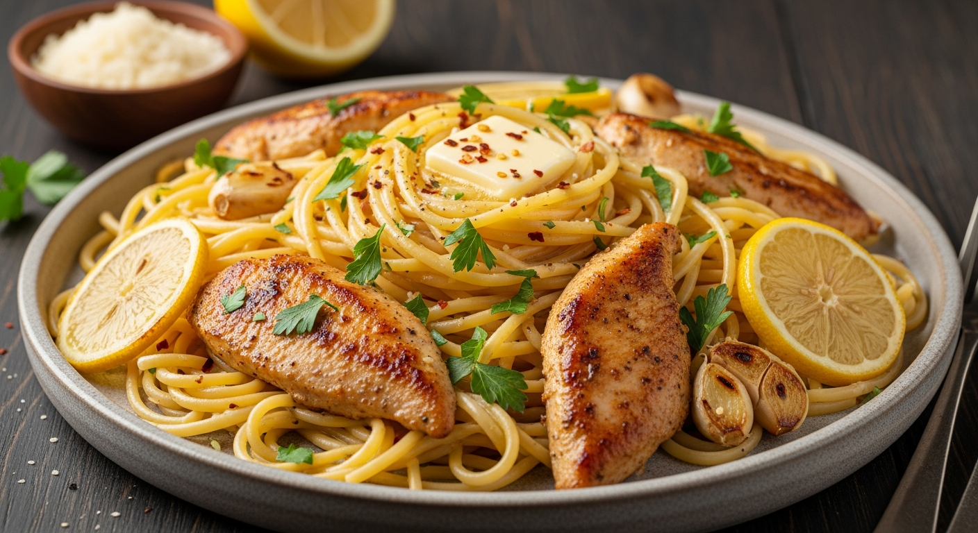 蒜香柠檬黄油鸡肉意面