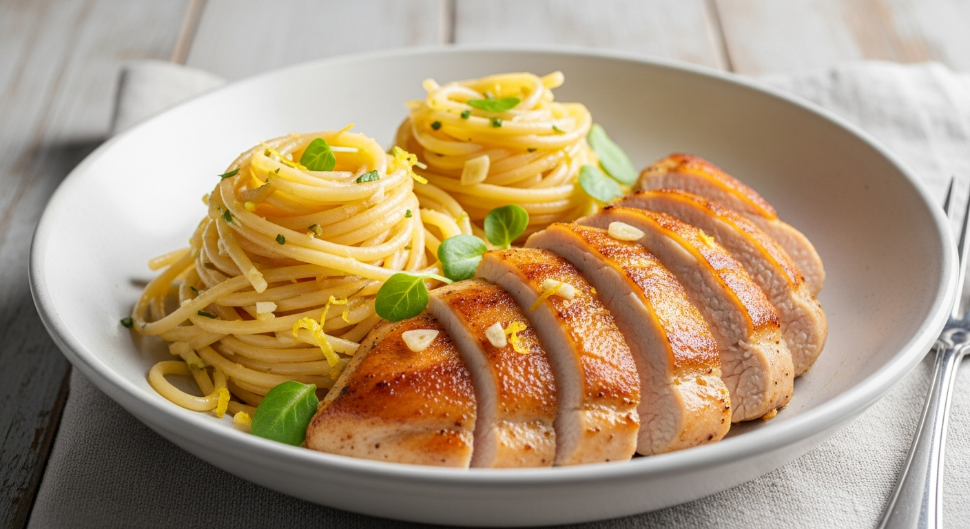 香煎柠檬蒜蓉鸡胸意面