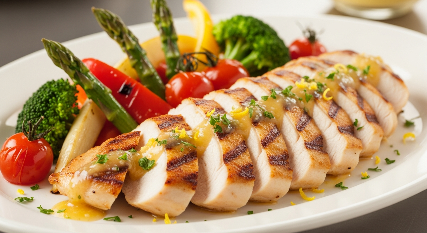 香煎柠檬蒜蓉鸡胸肉配时蔬