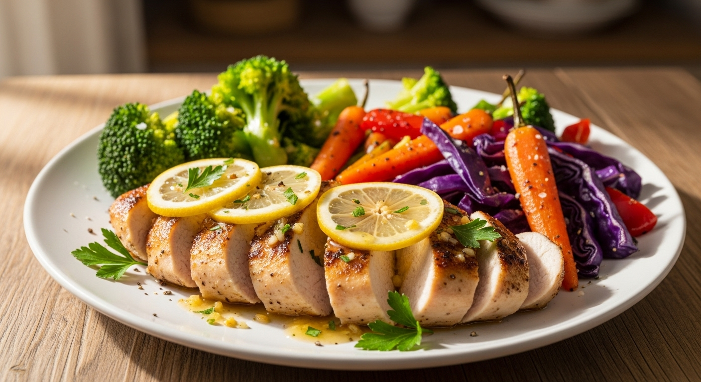 香煎柠檬蒜香鸡胸配彩虹时蔬