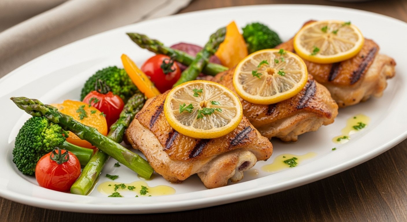 香煎柠檬蒜香鸡腿肉配时蔬