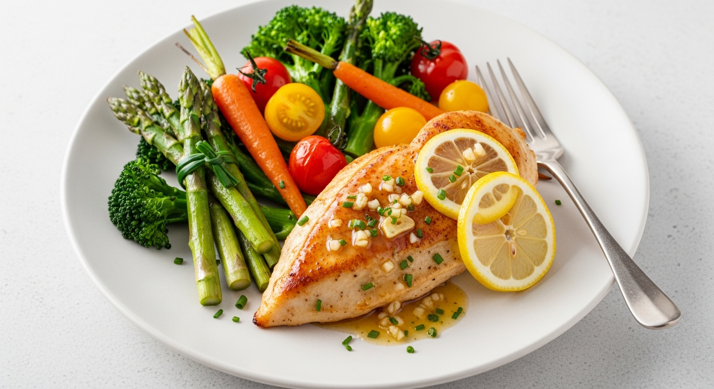 香煎蒜蓉柠檬鸡排佐时蔬