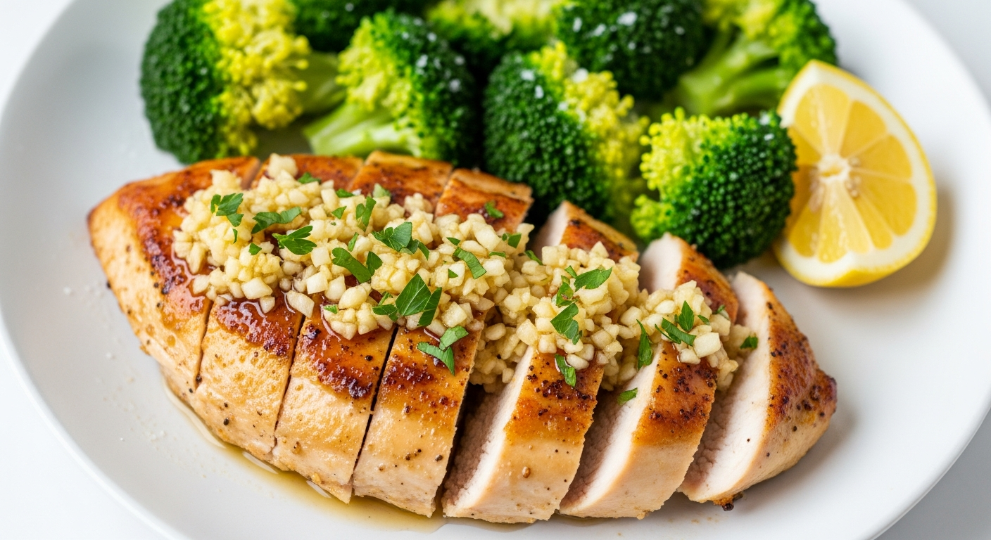 香煎蒜蓉黄油鸡胸配西兰花