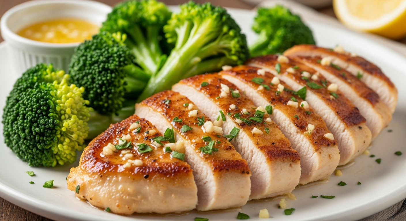 香煎蒜香奶油鸡胸肉配西兰花