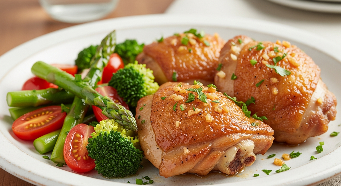 香煎蒜香黄油鸡腿肉配时蔬