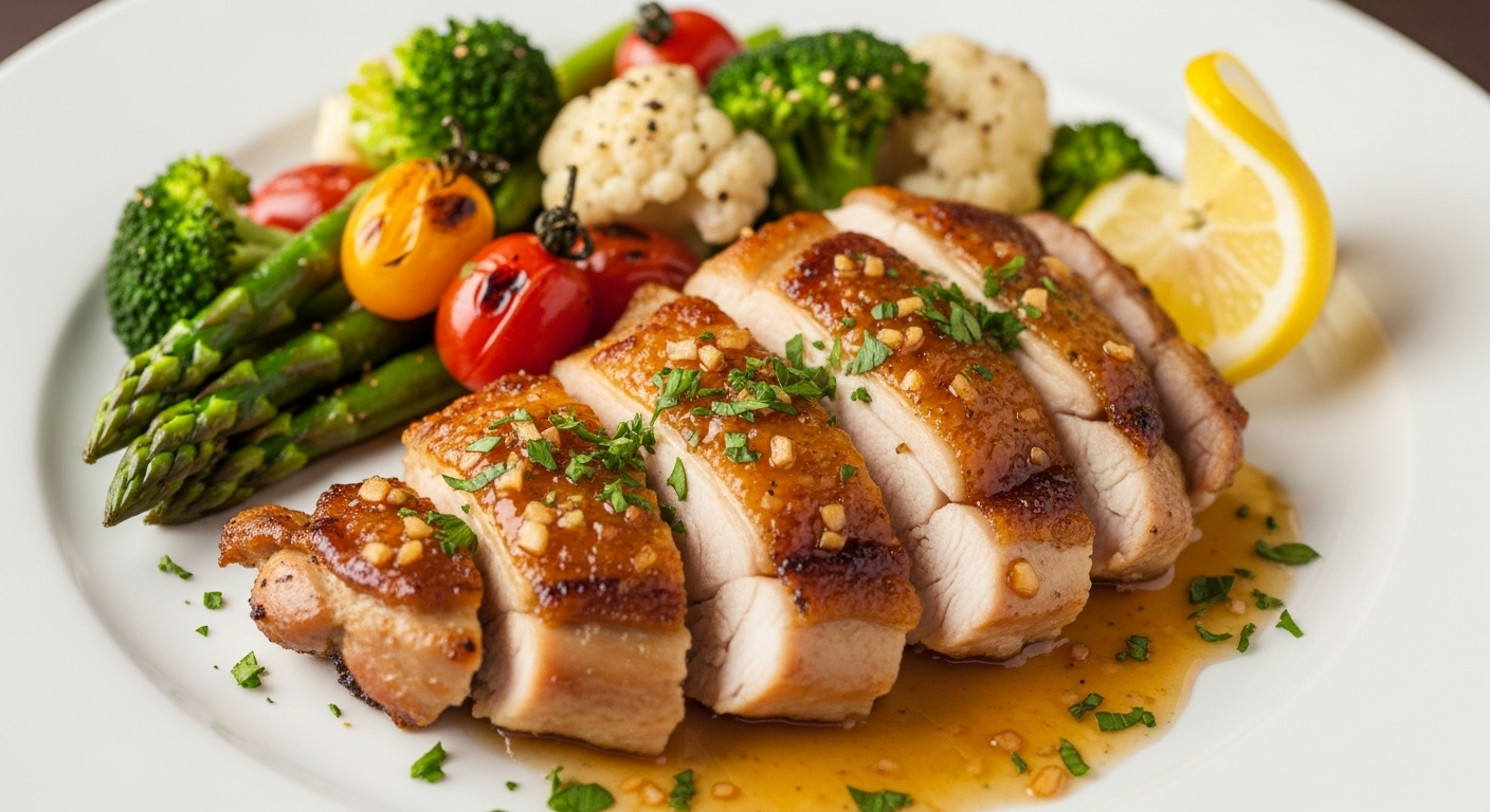 香煎蜂蜜蒜蓉鸡腿肉配时蔬