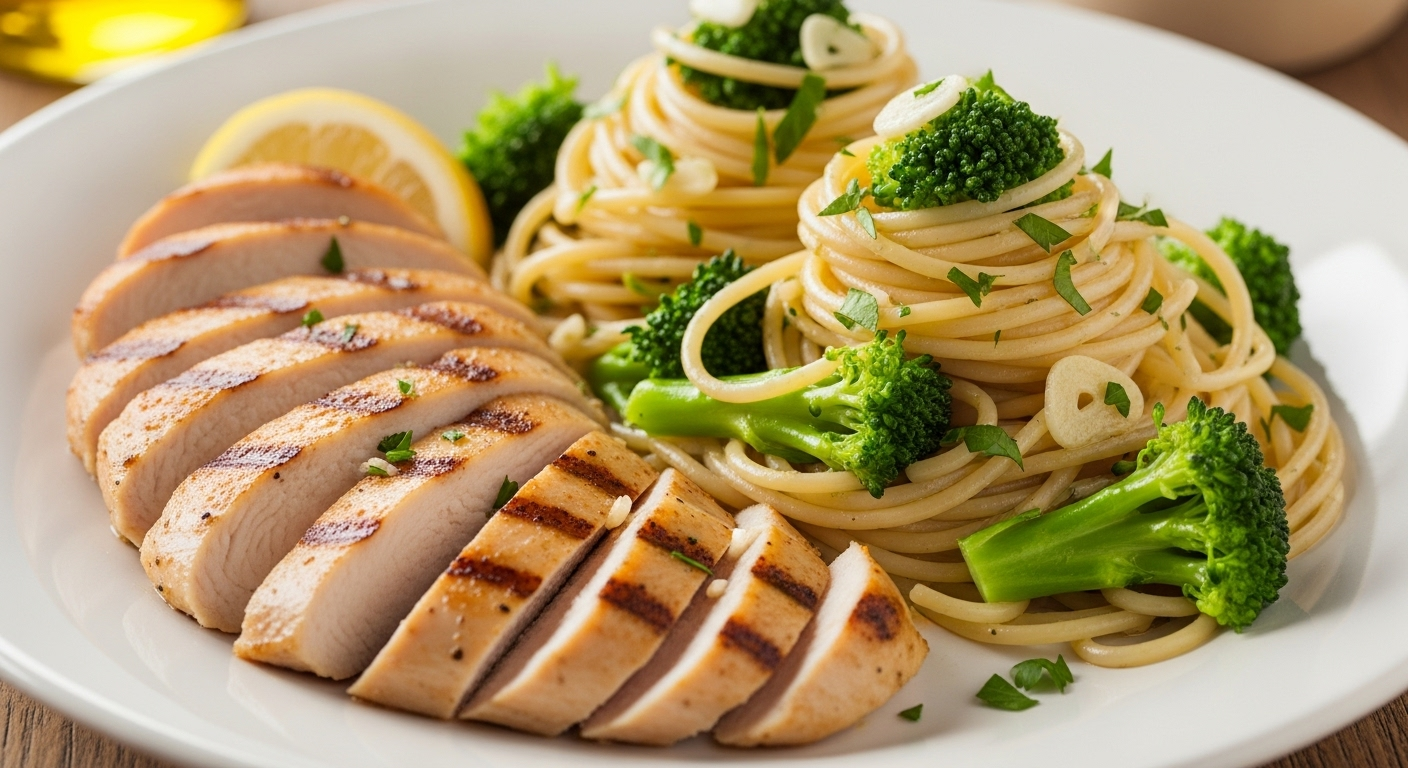 香煎鸡胸肉配蒜蓉西兰花意面