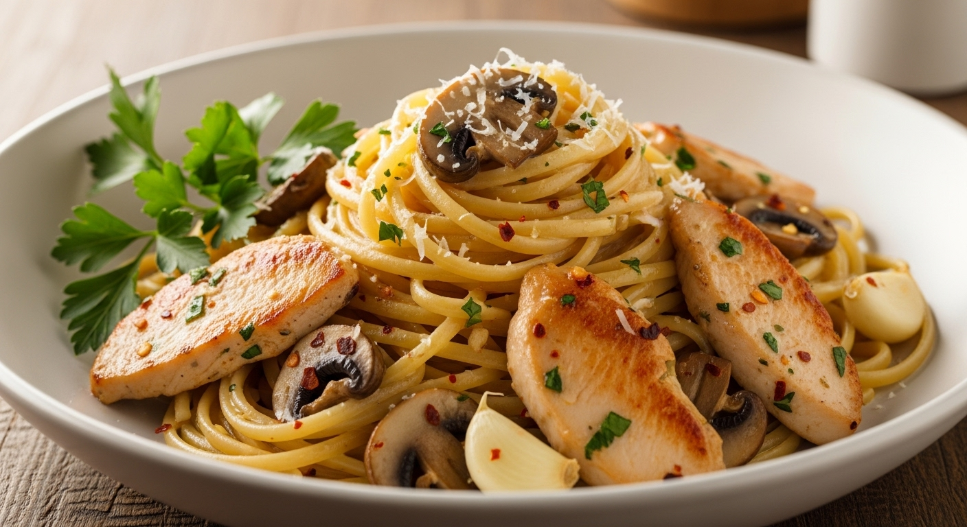 香蒜奶油鸡肉蘑菇意面