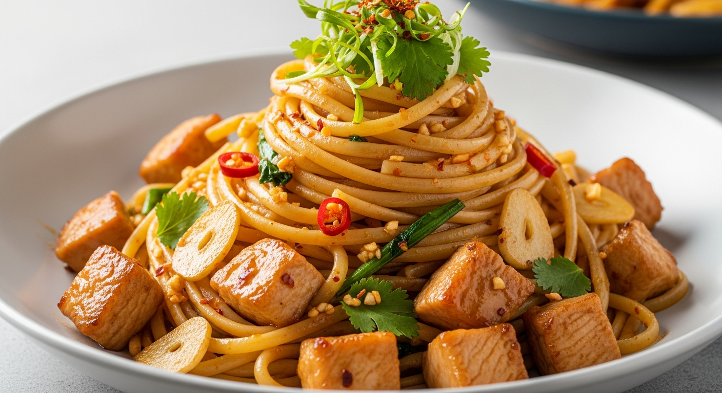 香辣蒜蓉鸡丁意面