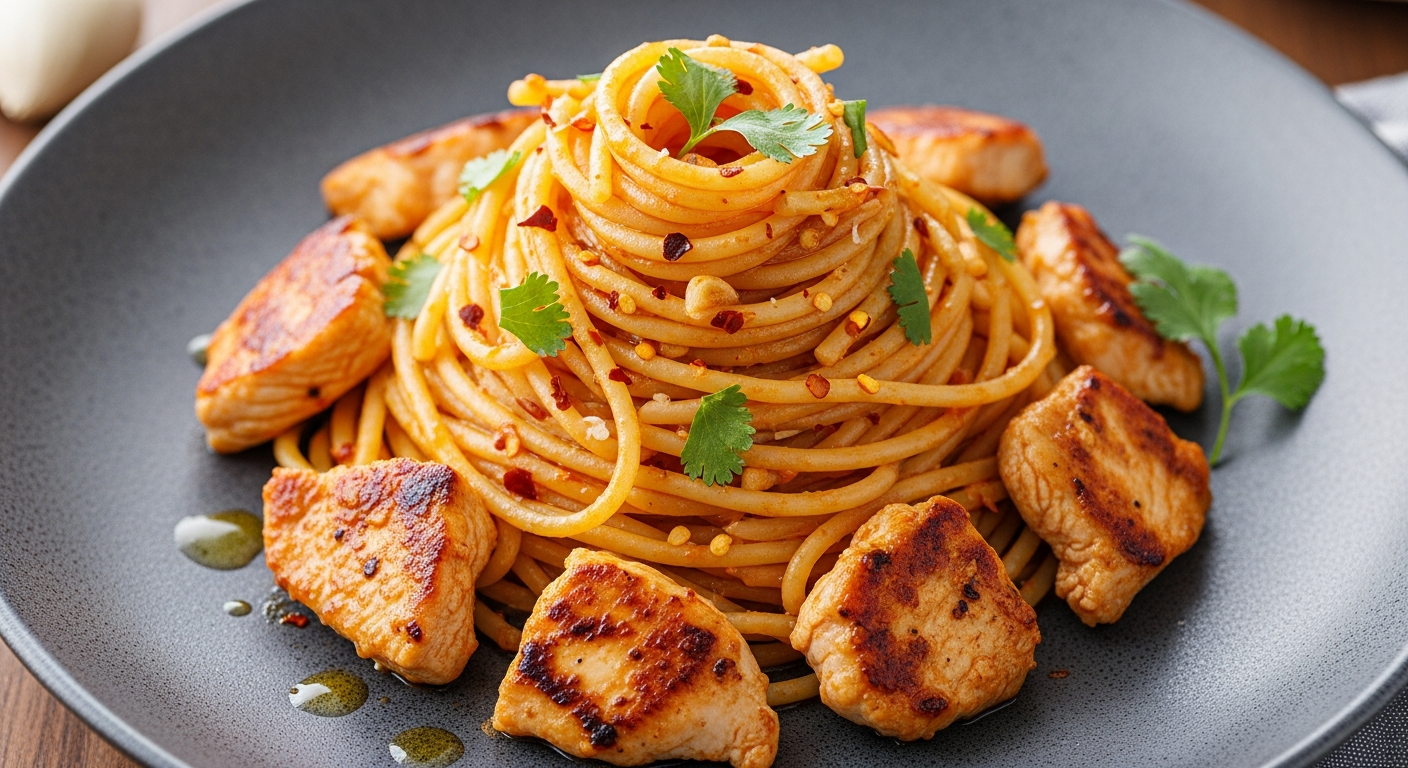 香辣蒜蓉鸡肉意面